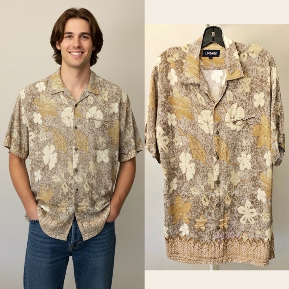 LINEAGE Patterns Floral Hippie Oversized Short Sleeves Button Down Shirt Blouse.